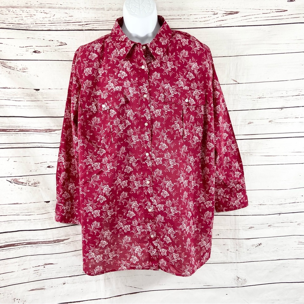 Lauren Ralph Lauren Top Women’s 3X Red Blouse Floral Button Up Long Sleeves